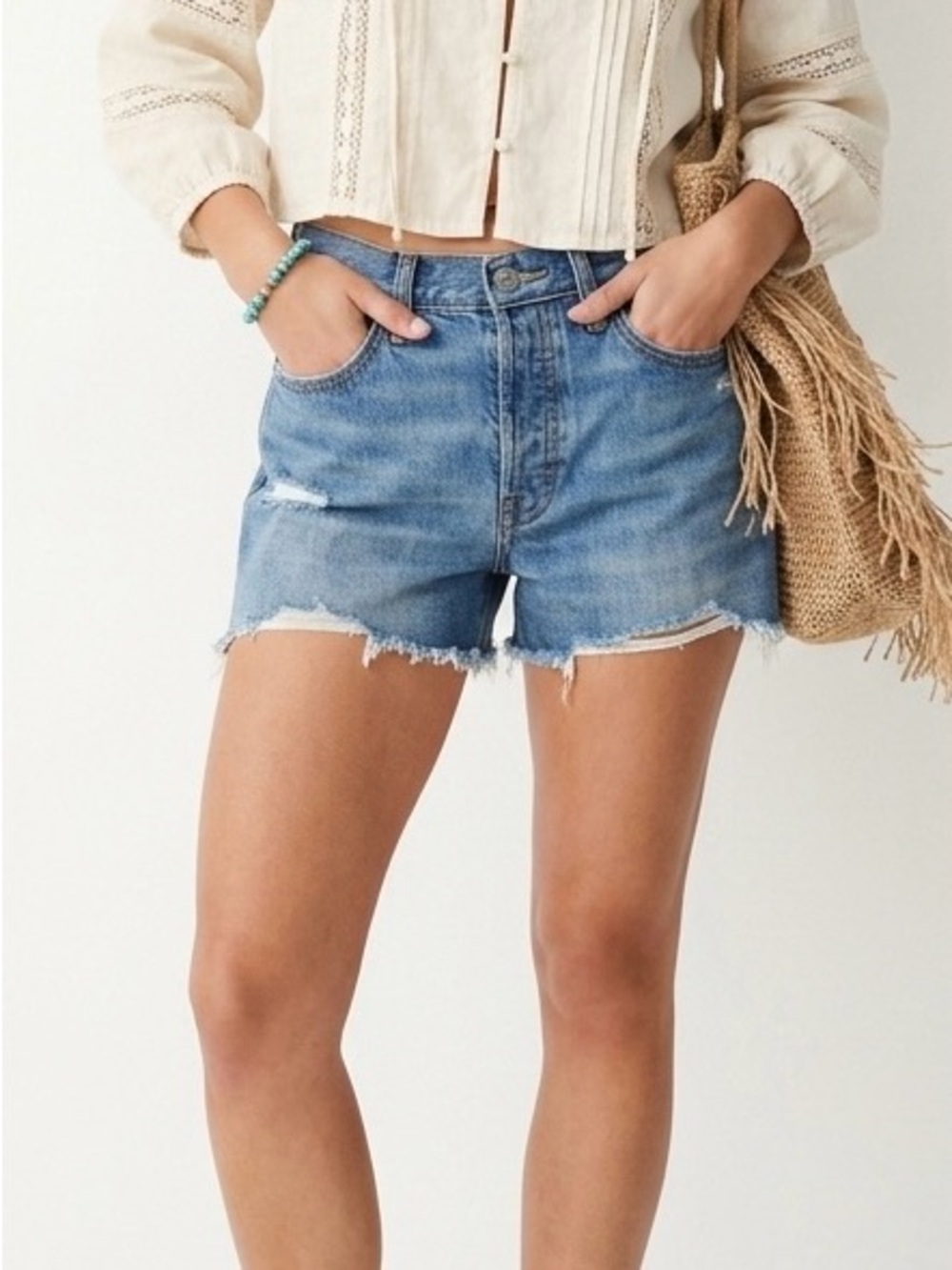 Everlane The Relaxed '90s Short Distressed Organic Cotton Denim Blue Sz 23